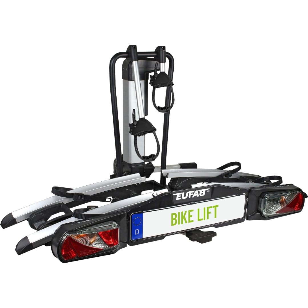 EUFAB 11523 Premium 2 Plus Fahrradträger, geeignet für E-Bikes, große Heckklappen, komplett vormontiert, Diebstahlschutz, für 2 Fahrräder, für Anhängerkupplung, schwarz/grau, B x H x T ca. 115 x