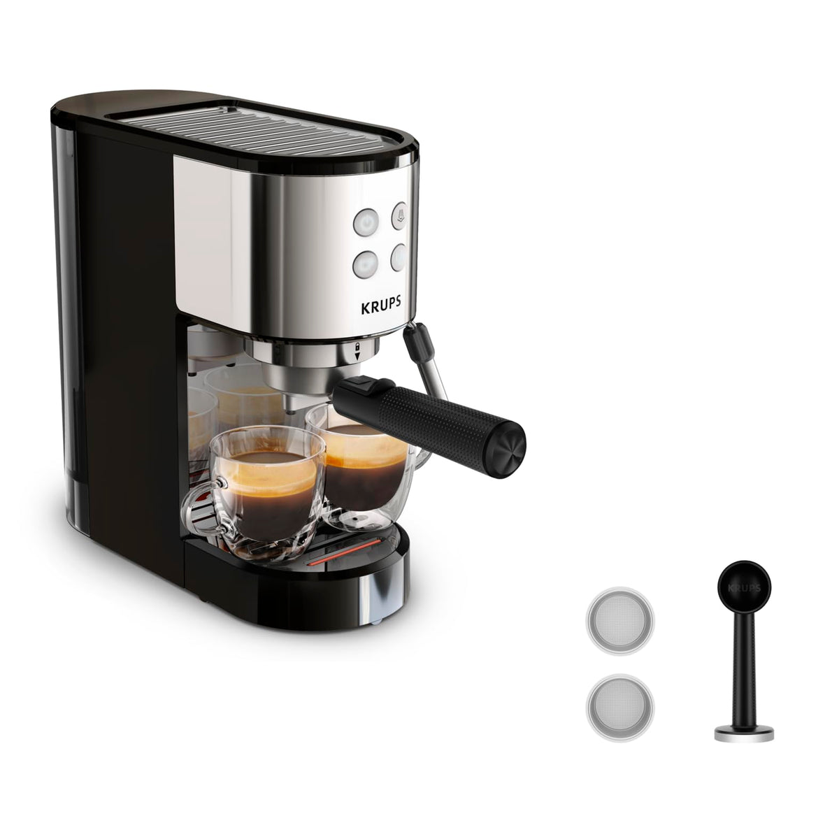 Krups Virtuoso Essential Espresso-Siebträgermaschine, 15 bar, Edelstahl-Applikationen, schlankes Design, Bedienfeld mit 4 Funktionen, inkl. Barista-Zubehör, Edelstahl, XP441810