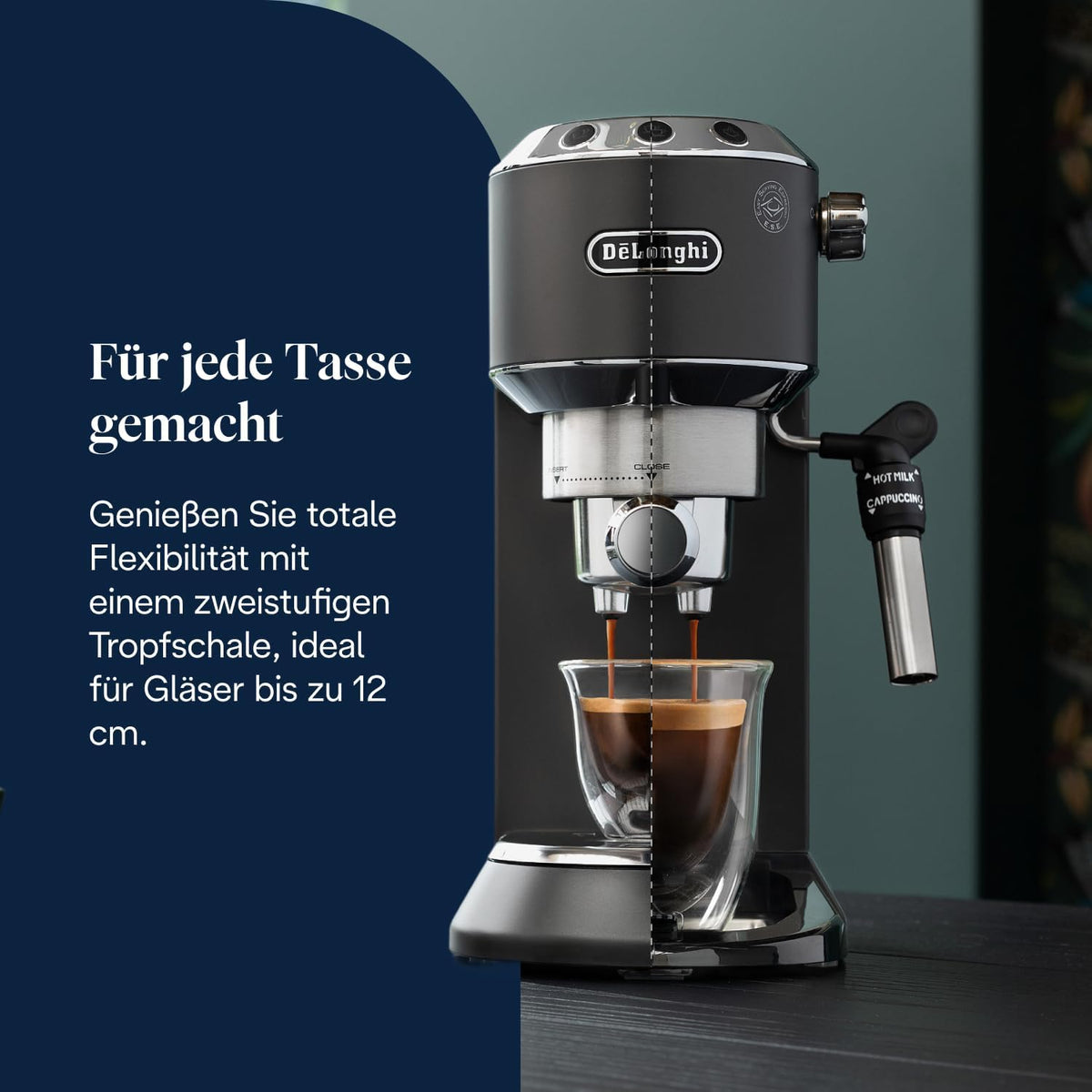 De'Longhi Dedica Style EC 685.BK Espresso Filter Holder Espresso Machine with Professional Milk Foam Nozzle 15 cm Wide 1 Litre Water Tank Full Metal Casing E.S.E Pads Black