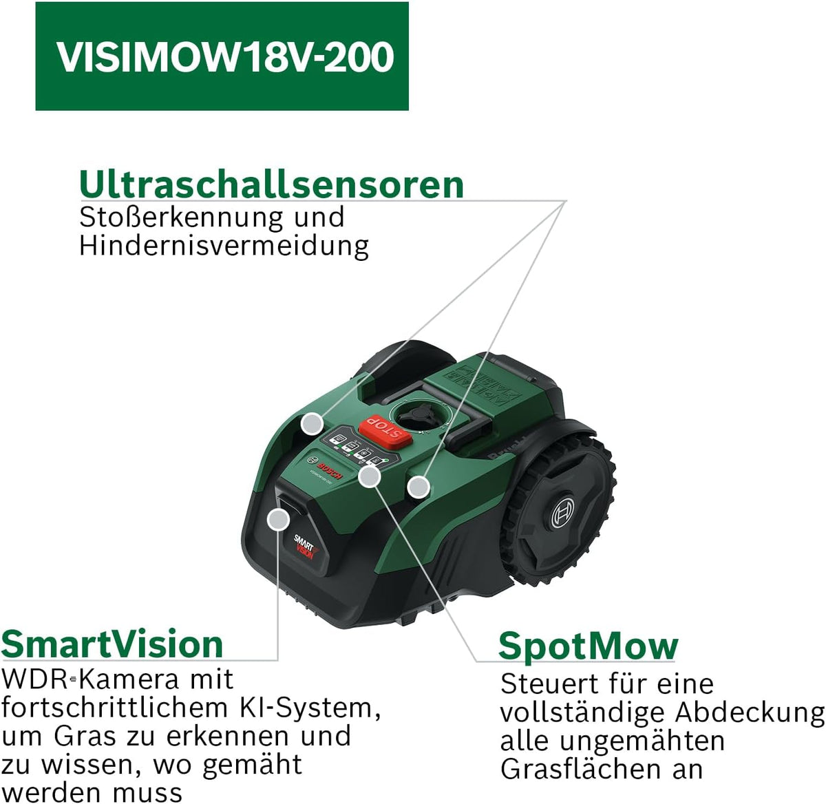 Bosch Akku-Mähroboter VISIMOW18V-200 (für Rasenflächen bis 200 m², Schnittbreite: 18 cm, Schnitthöhe: 20-60 mm, mit Ersatzmessern, inkl. Akku und Ladegerät)