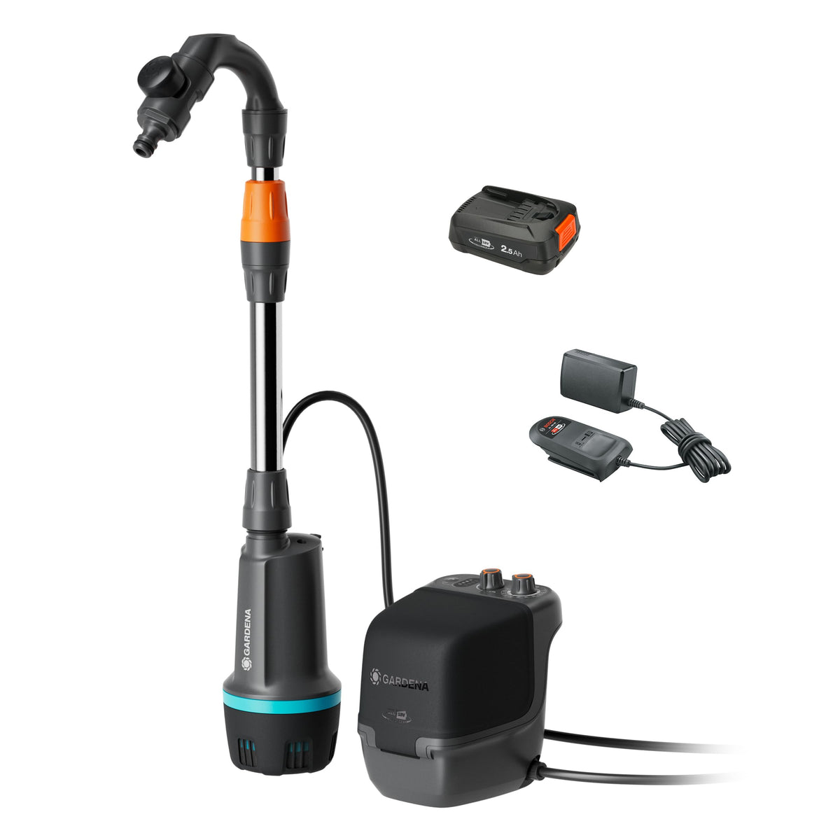 Gardena Akku-Regenfasspumpe 2600 Comfort 18V P4A Ready-To-Use Set: Bewässerungsintervalle, Leistungseinstellung, Passt zum Wasserbehälter, Konstanter Druck, Kabellos (14604-20)