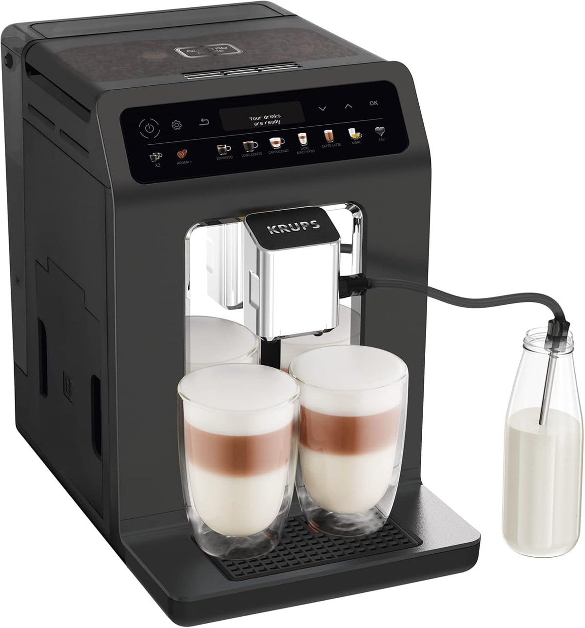 Krups Evidence Plus Kaffeevollautomat mit Milchschlauch, 19 Getränke, 2-Tassen-Funktion, Farbdisplay, Kaffeemaschine, TÜV-Siegel, Silber, EA894T10, Titanium-metallic