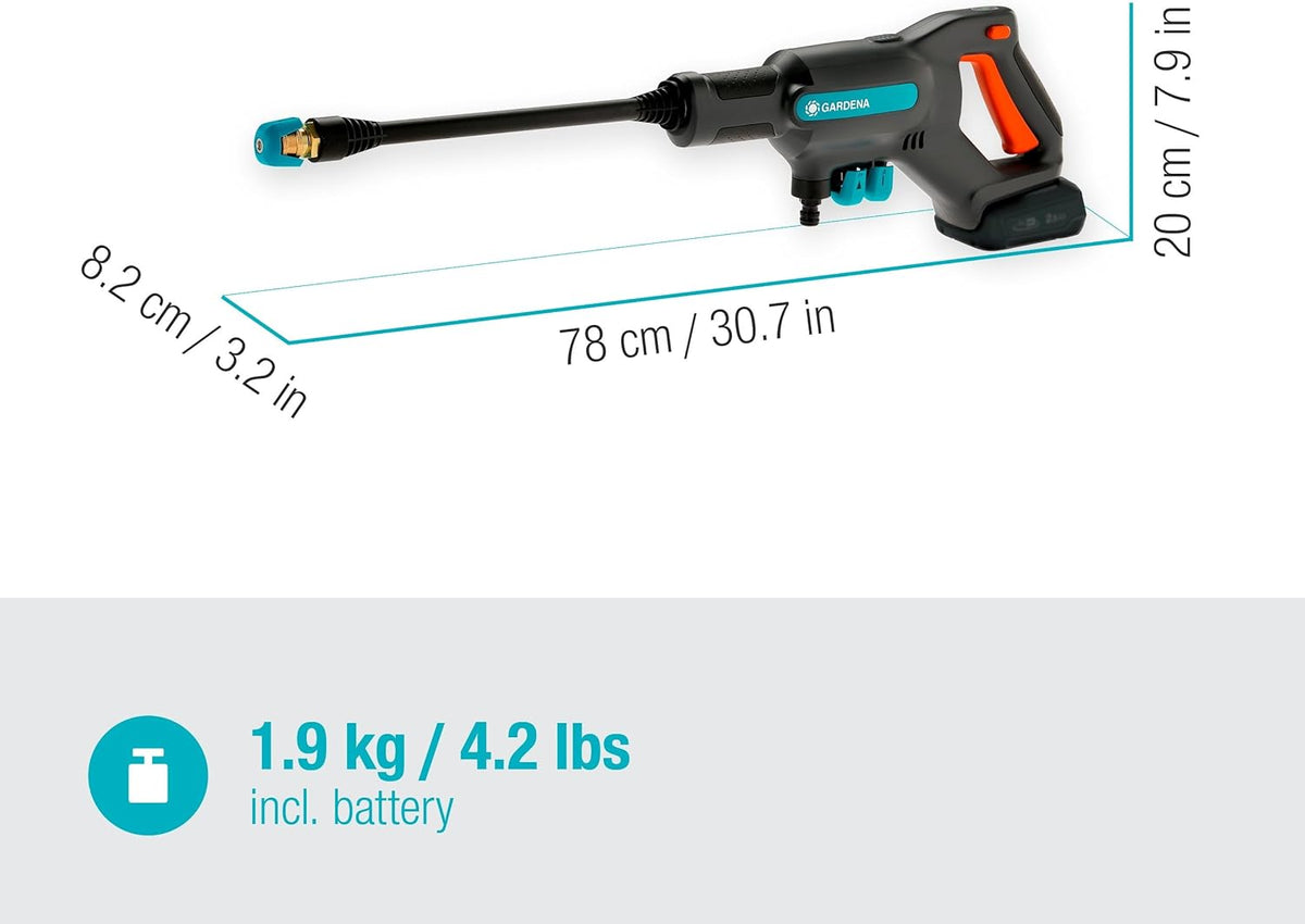 Gardena Akku-Druckreiniger AquaClean 24/18V P4A Premium Set: Zusätzliches Zubehör, Verstellbarer Wasserdruck, Düsenaufsätze, 3 Reinigungsmodi, Kabellos (14800-31)