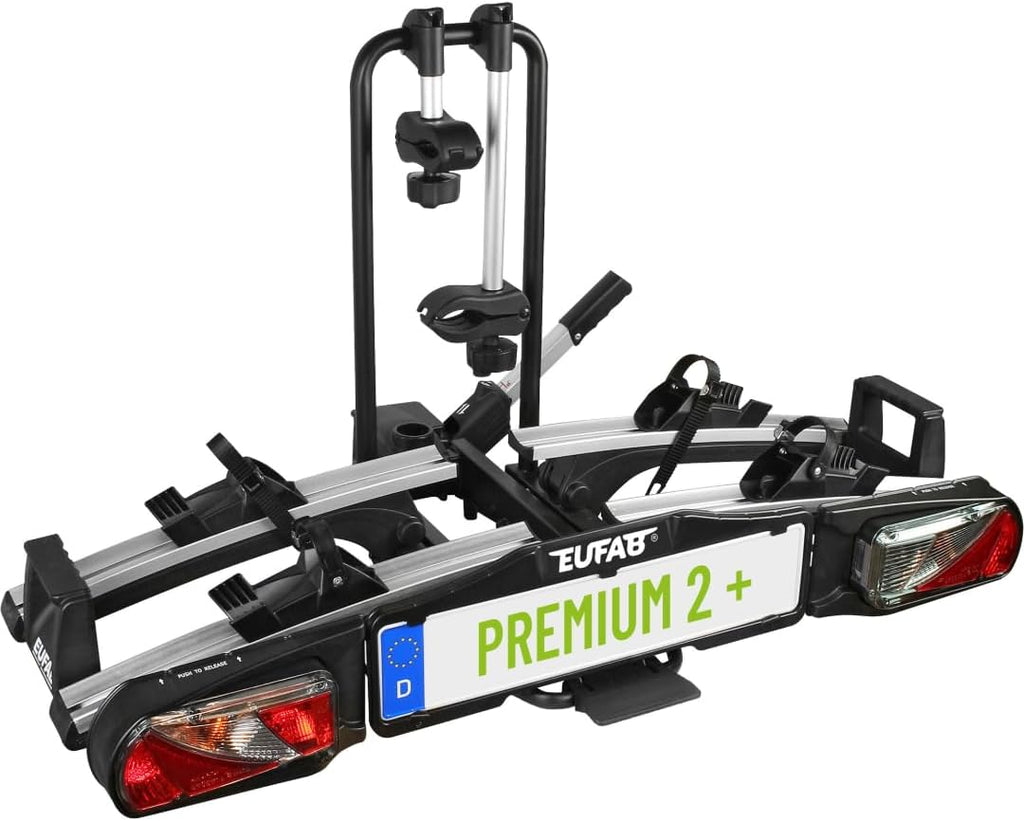 EUFAB 11523 Premium 2 Plus Fahrradträger, geeignet für E-Bikes, große Heckklappen, komplett vormontiert, Diebstahlschutz, für 2 Fahrräder, für Anhängerkupplung, schwarz/grau, B x H x T ca. 115 x