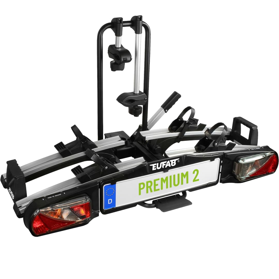 EUFAB 11523 Premium 2 Plus Fahrradträger, geeignet für E-Bikes, große Heckklappen, komplett vormontiert, Diebstahlschutz, für 2 Fahrräder, für Anhängerkupplung, schwarz/grau, B x H x T ca. 115 x