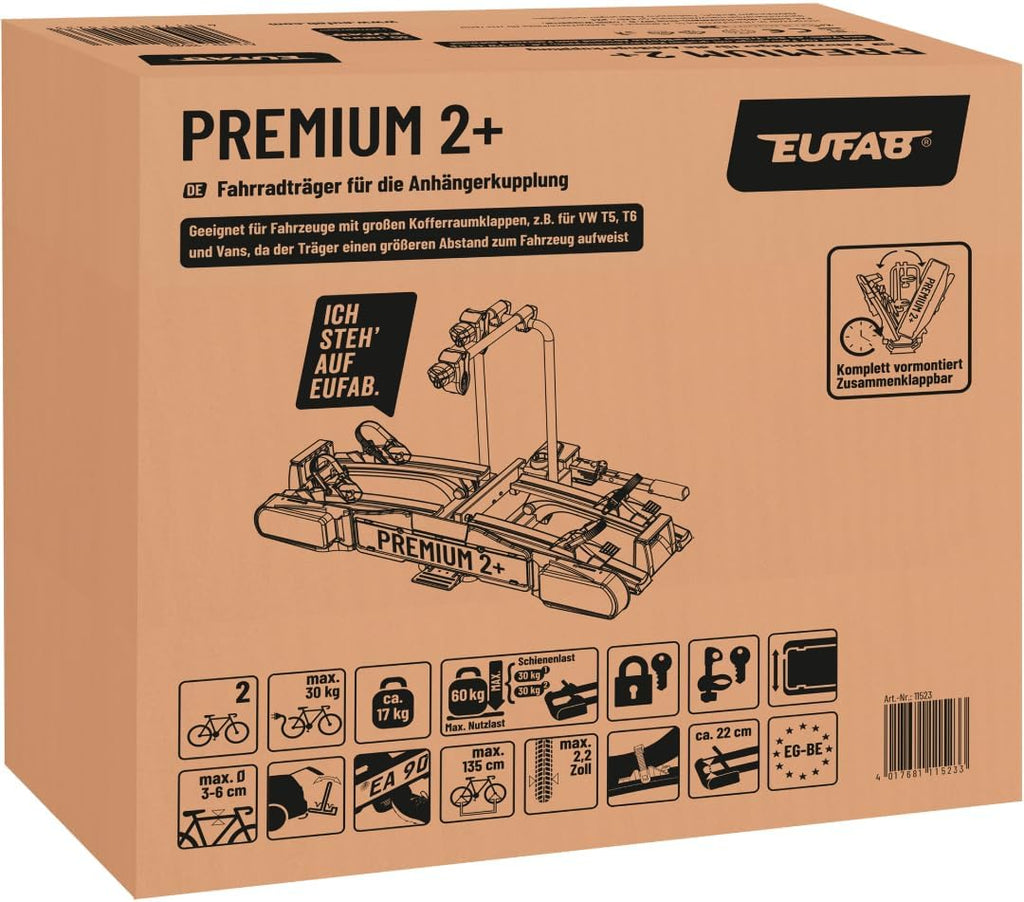 EUFAB 11523 Premium 2 Plus Fahrradträger, geeignet für E-Bikes, große Heckklappen, komplett vormontiert, Diebstahlschutz, für 2 Fahrräder, für Anhängerkupplung, schwarz/grau, B x H x T ca. 115 x