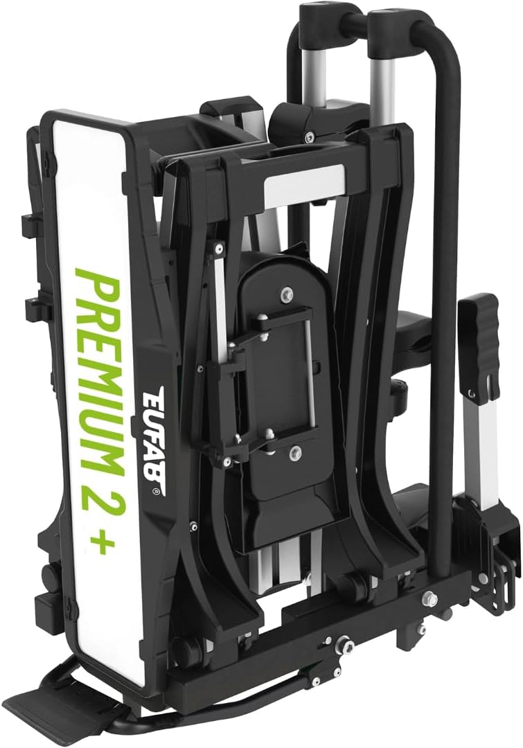 EUFAB 11523 Premium 2 Plus Fahrradträger, geeignet für E-Bikes, große Heckklappen, komplett vormontiert, Diebstahlschutz, für 2 Fahrräder, für Anhängerkupplung, schwarz/grau, B x H x T ca. 115 x