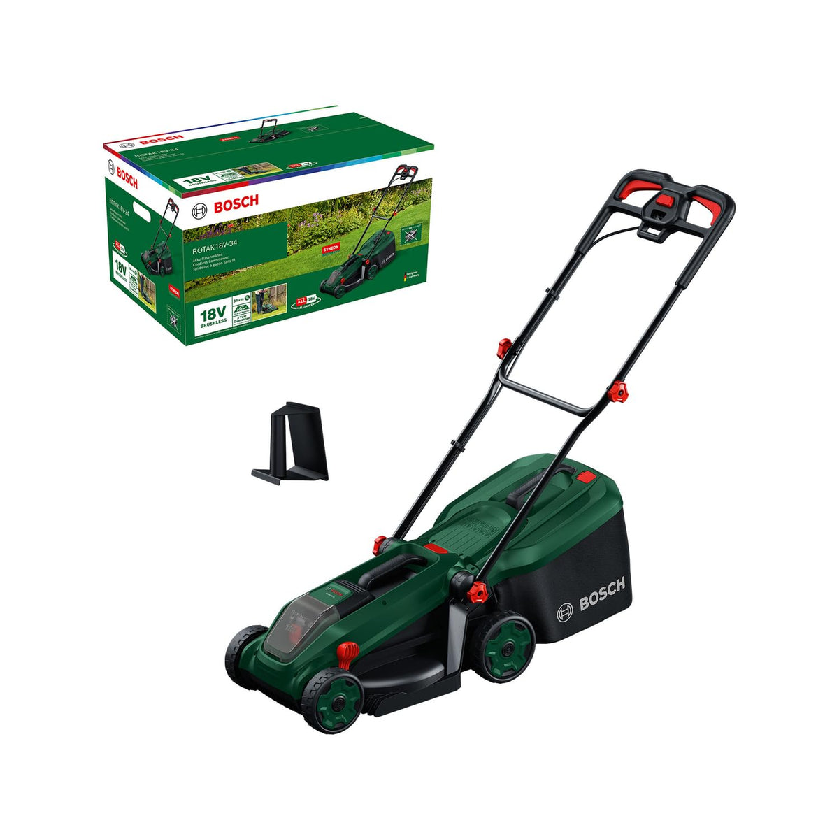 Bosch Akku-Rasenmäher ROTAK18V-34 (Schnittbreite: 34 cm, Schnitthöhe: 25-65 mm, 35 l Stoff-Grasfangkorb, Mulchstopfen, inkl. Akku und Ladegerät)