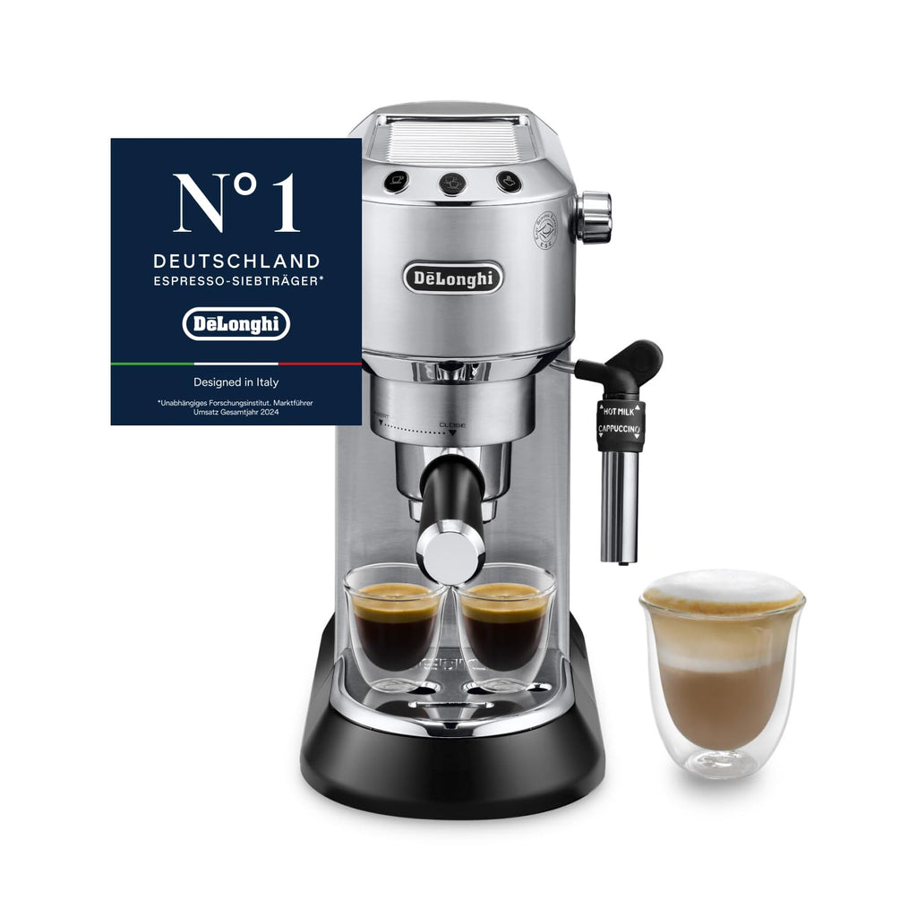De'Longhi Dedica Style EC 685.BK Espresso Filter Holder Espresso Machine with Professional Milk Foam Nozzle 15 cm Wide 1 Litre Water Tank Full Metal Casing E.S.E Pads Black