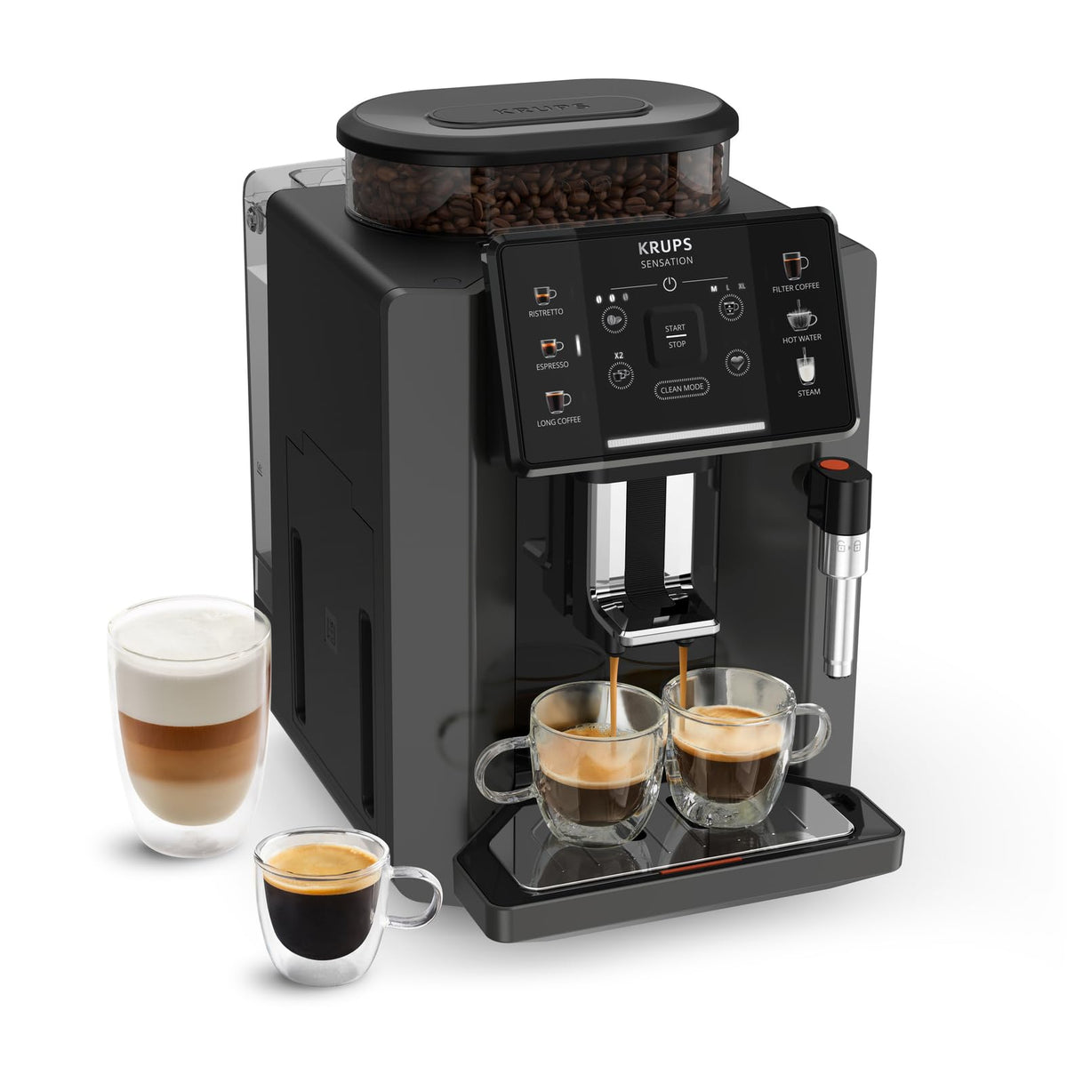 KRUPS Sensation Elite Kaffeevollautomat, 24 Heiß- und Kaltgetränke 2,8-Zoll-Bildschirm, Milk Maestro Technologie, Cold Brew Aroma Technologie, individualisierbare Favoriten, EA917EE0