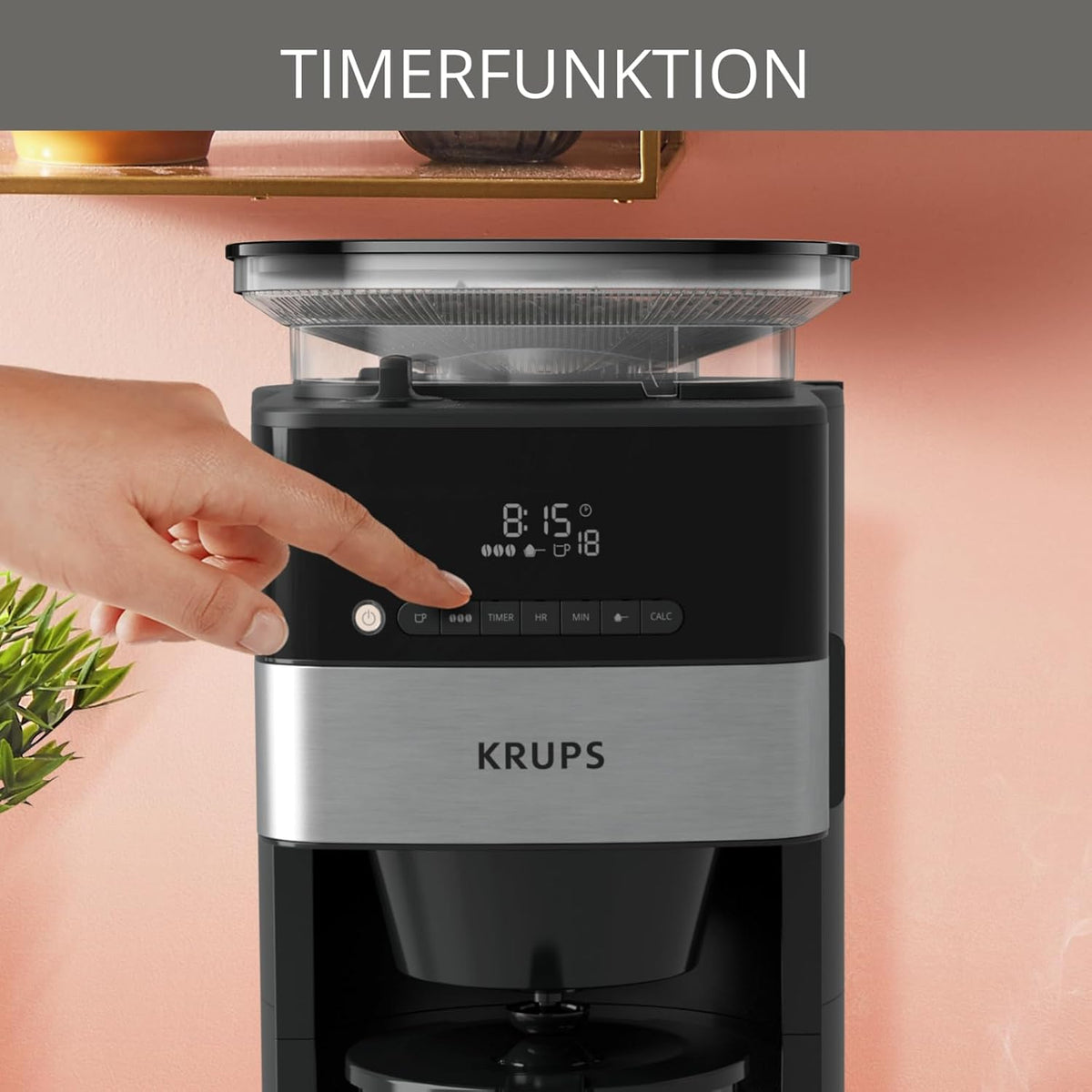 Krups KM8328 Grind Aroma Kaffeemaschine mit Mahlwerk | 24-Stunden-Timer | 180 g Bohnenbehälter | 1,25 L Fassungsvermögen für bis zu 15 Tassen Kaffee | Auto-Off-Funktion | 3 Mahlgrade | Schwarz