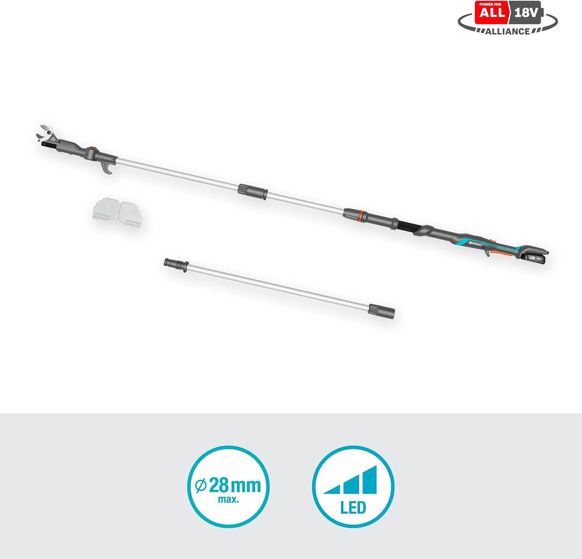 Gardena Akku-Teleskop-Baumschere HighCut 360/18V P4A Ready-to-Use Set: Bis zu 5 m Reichweite, Schwenkbarer Schneidkopf, Ergonomisch, LED-Anzeige, Kabellos (14776-20)