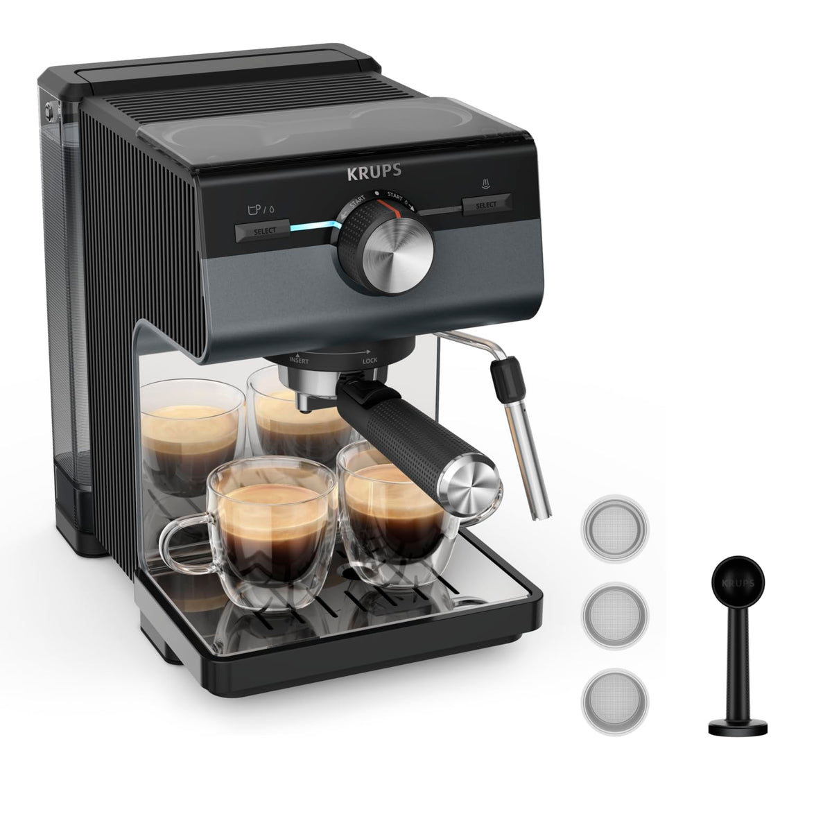 Krups Authentic Espresso-Siebträgermaschine, 15 bar, intuitive Bedienung, raffiniertes Design, integrierte Dampfdüse, 2 L-Wassertank, inkl. Zubehör, Grey/Creme, XP381B10