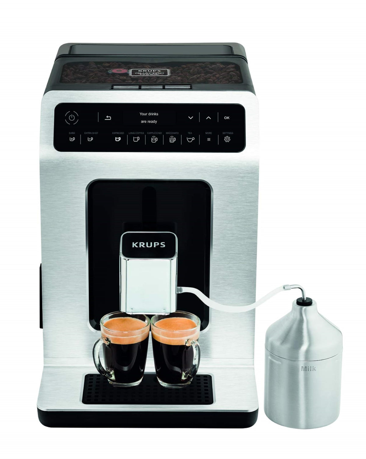KRUPS Evidence One Kaffeevollautomat mit Milchschlauch, One-Touch-Cappuccino, 12 Getränkespezialitäten, 2-Tassen-Funktion, Farbdisplay, Kaffeemaschine, TÜV-Siegel, Schwarz, EA895N10