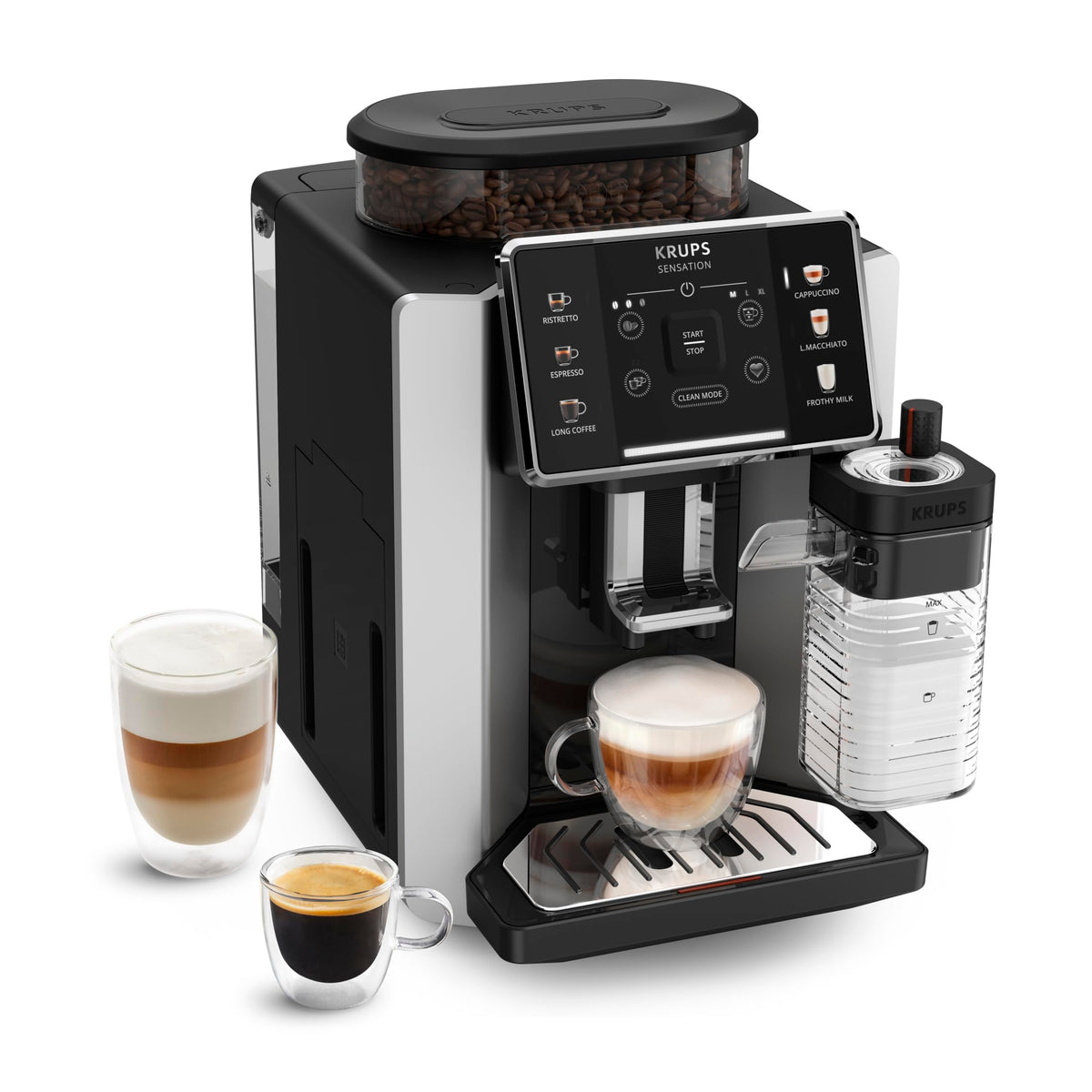 Krups Sensation Kaffeevollautomat mit Milchschaumdüse, Kaffeemaschine für Espresso, Cappuccino & Latte Macchiato, gemacht für Bohnenkaffee & Filterkaffee, bis zu 5 Kaffeegetränke und 2-Tassen-Funktion