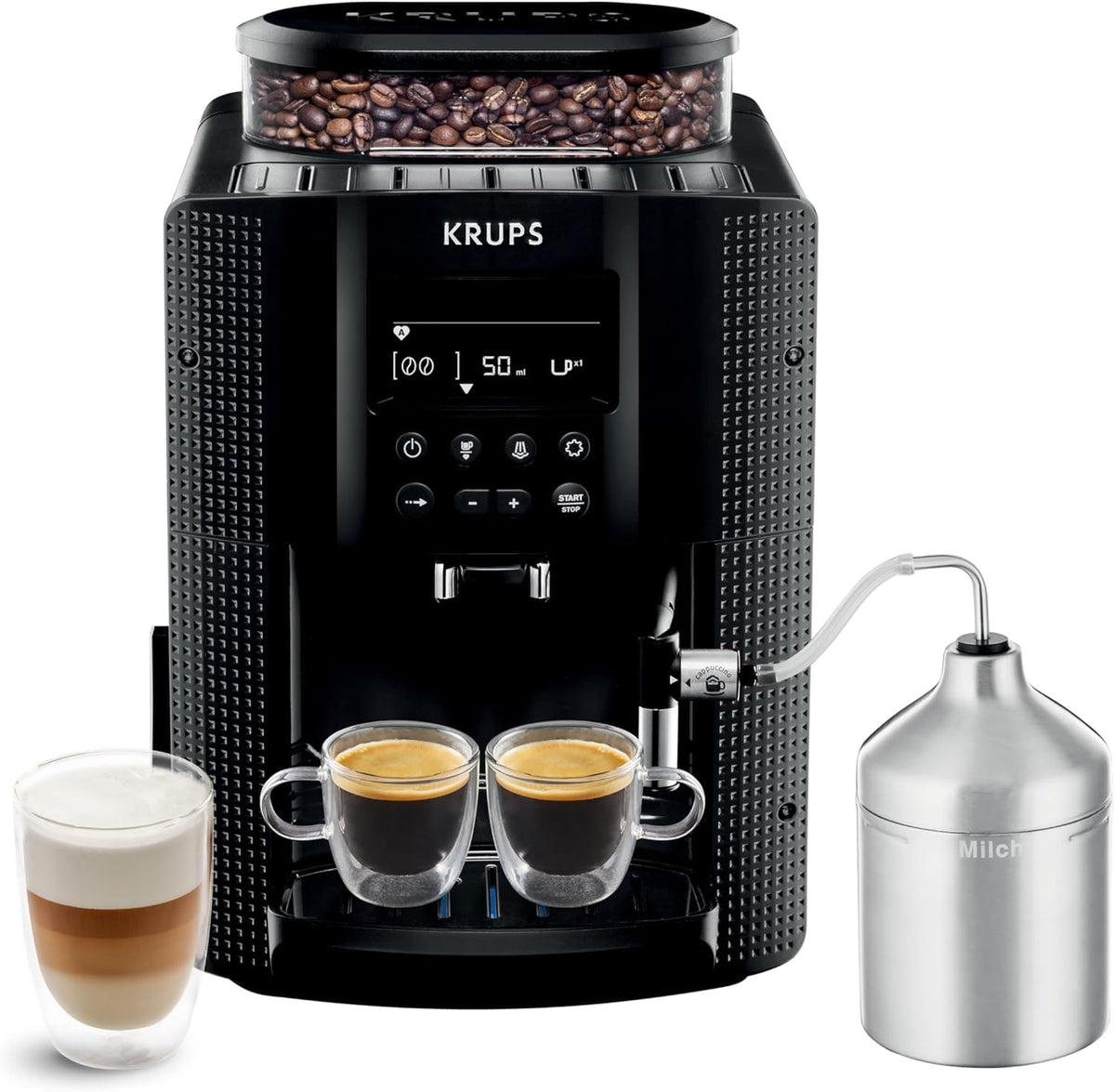 KRUPS Arabica Picto Kaffeevollautomat, kompaktes Design, einfache Bedienung, intuitiv einstellbarer Drehregler, Milchschaumdüse, 2-Tassen-Funktion, Kaffeemaschine, Weiß, EA810570