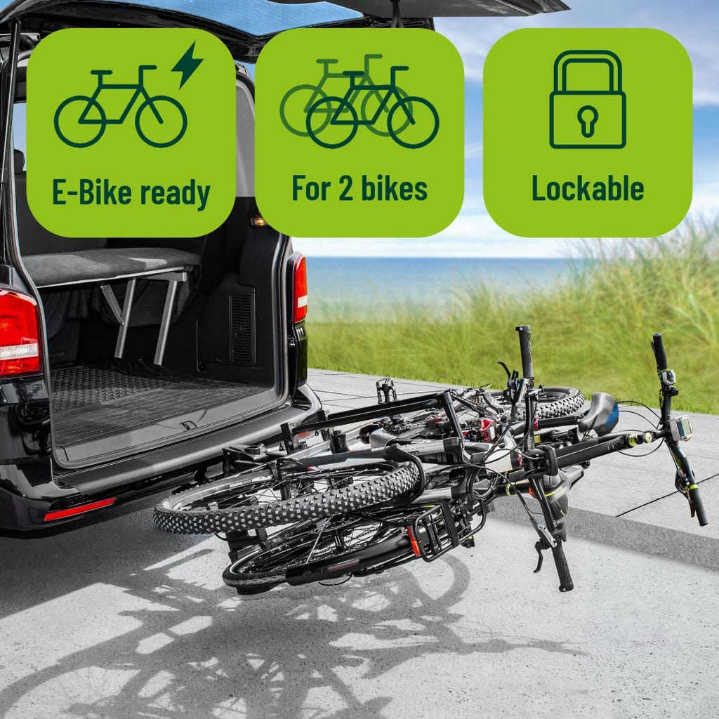 EUFAB 11523 Premium 2 Plus Fahrradträger, geeignet für E-Bikes, große Heckklappen, komplett vormontiert, Diebstahlschutz, für 2 Fahrräder, für Anhängerkupplung, schwarz/grau, B x H x T ca. 115 x