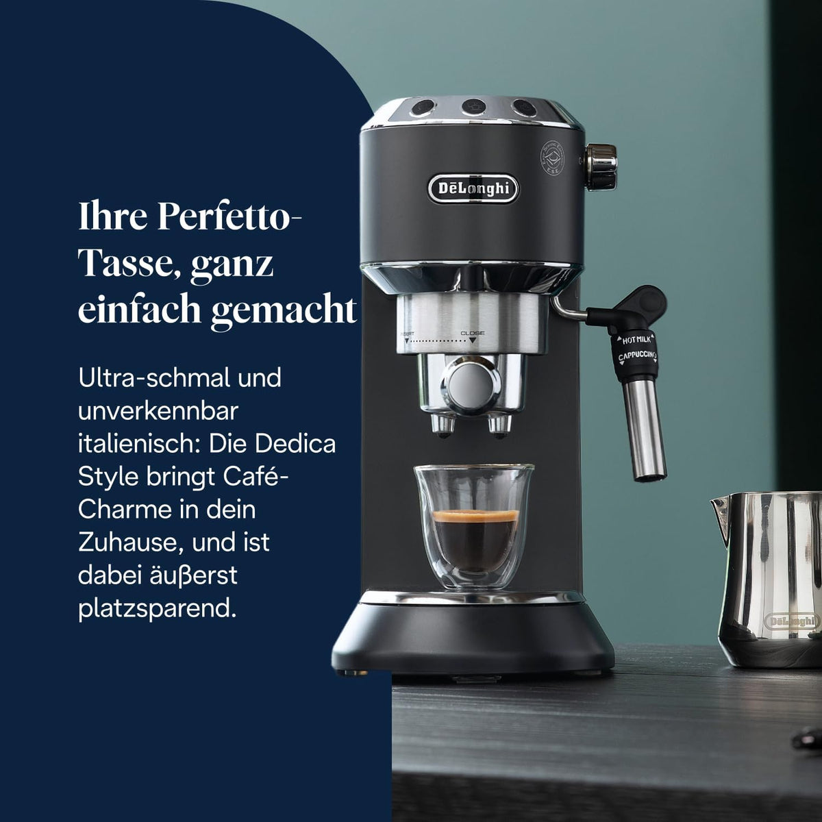De'Longhi Dedica Style EC 685.BK Espresso Filter Holder Espresso Machine with Professional Milk Foam Nozzle 15 cm Wide 1 Litre Water Tank Full Metal Casing E.S.E Pads Black