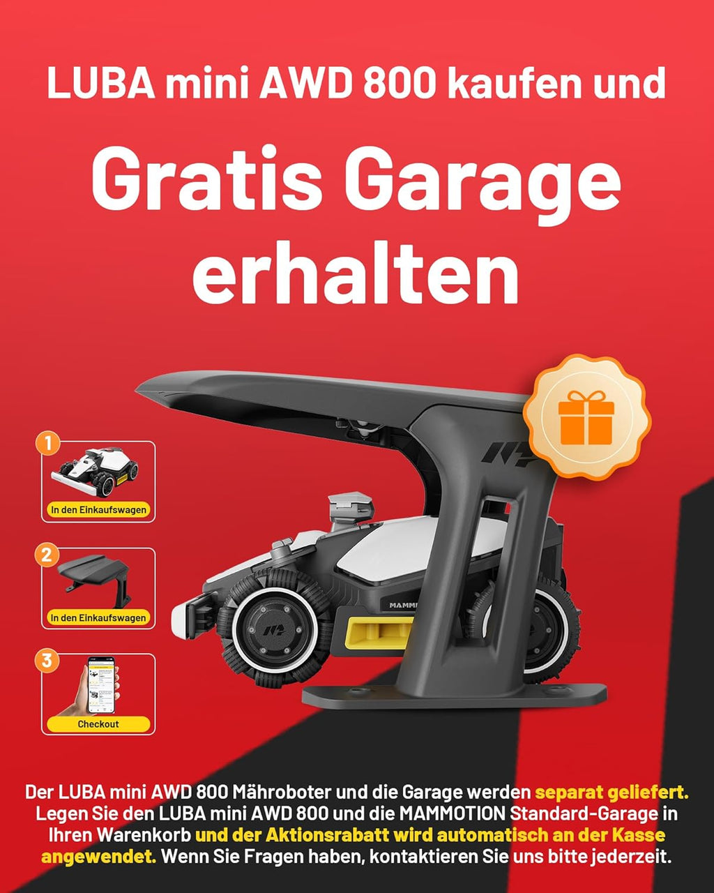 MAMMOTION LUBA mini AWD 800, 800m², Ohne Kabel, NetRTK+Vision, 4G, 80% Steigung