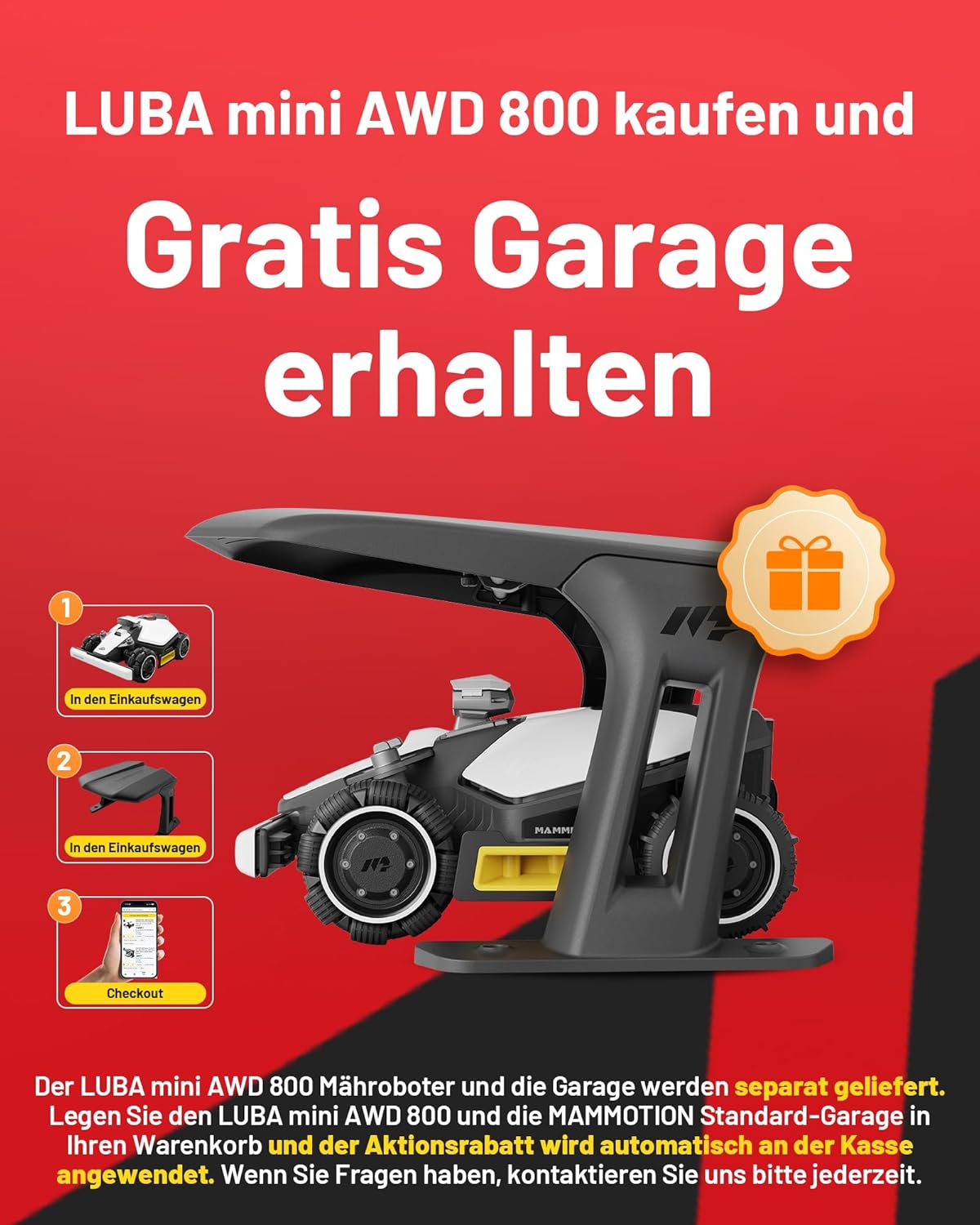 MAMMOTION LUBA mini AWD 800, 800m², Ohne Kabel, NetRTK+Vision, 4G, 80% Steigung