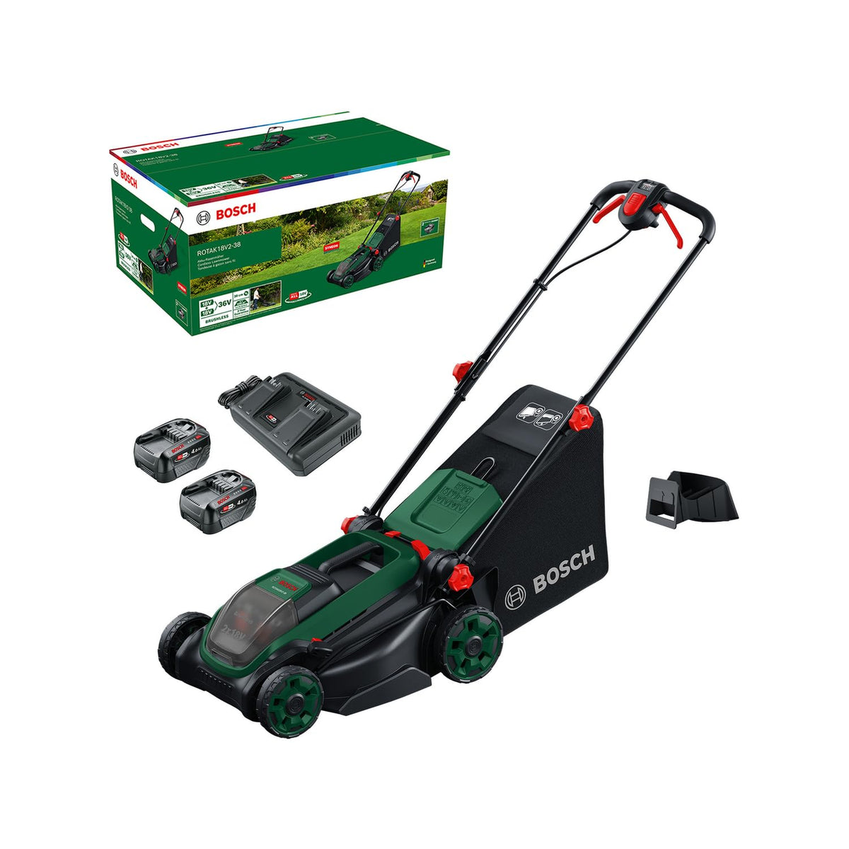 Bosch Akku-Rasenmäher ROTAK18V2-38 (Schnittbreite: 38 cm, Schnitthöhe: 30-75 mm, 40 l Stoff-Grasfangkorb, Mulchstopfen, ohne Akku)