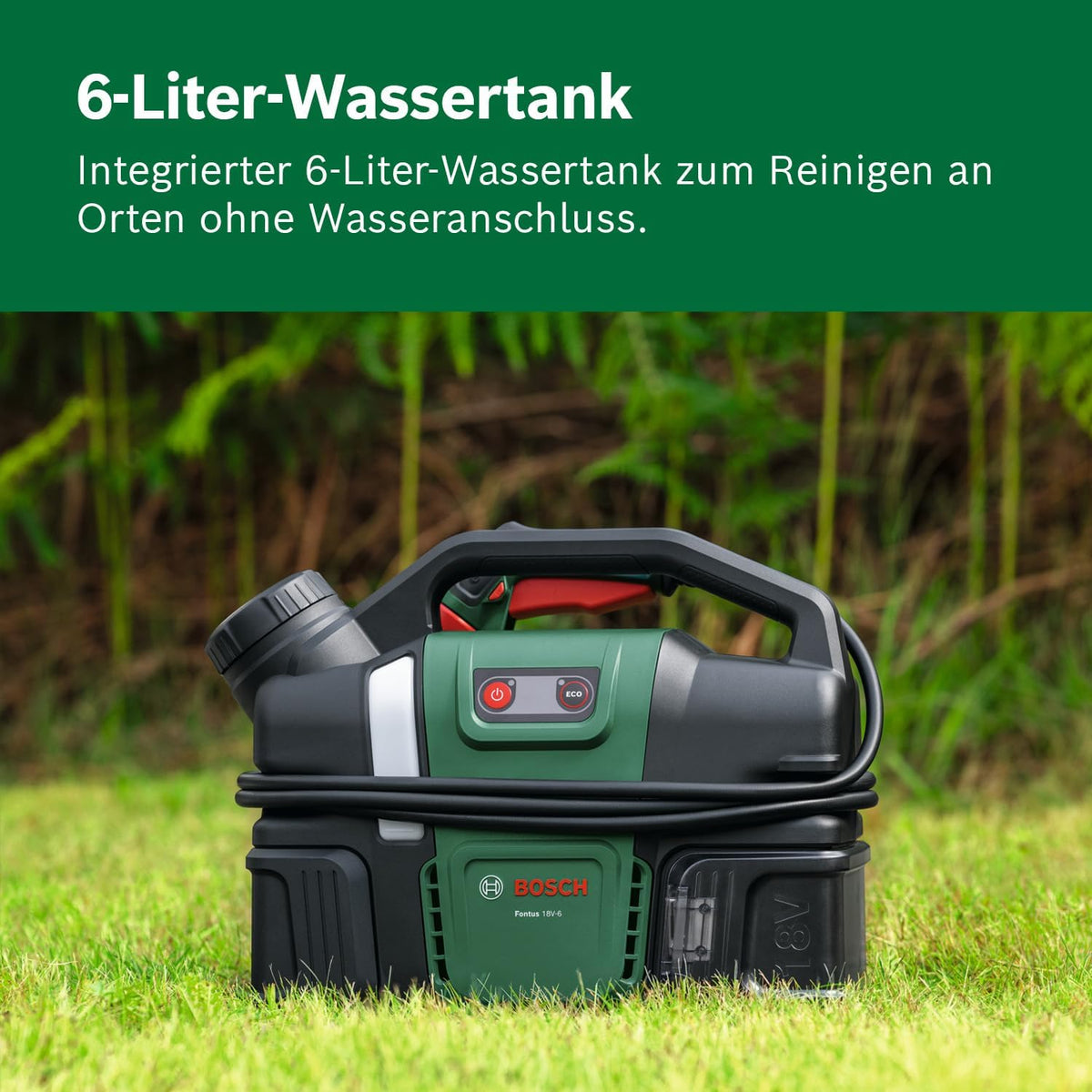Bosch Akku-Druckreiniger Fontus 18V-6 für Fahrräder (mobil, mini, 6-Liter-Wassertank, 8 Druckstufen, Aufbewahrung für Schlauch und Pistole, onhe Akku)