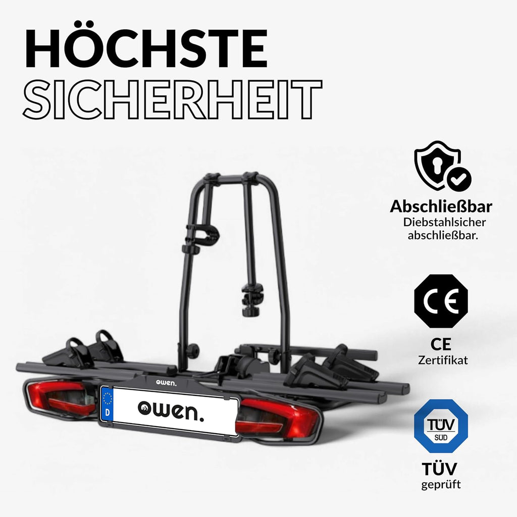 Owen Fahrradträger Anhängerkupplung für 2 Fahrräder & E-Bikes (60 kg) – Abklappbar, Abschließbar, 13-polig, TÜV-geprüft – Einfache Montage (Schwarz)
