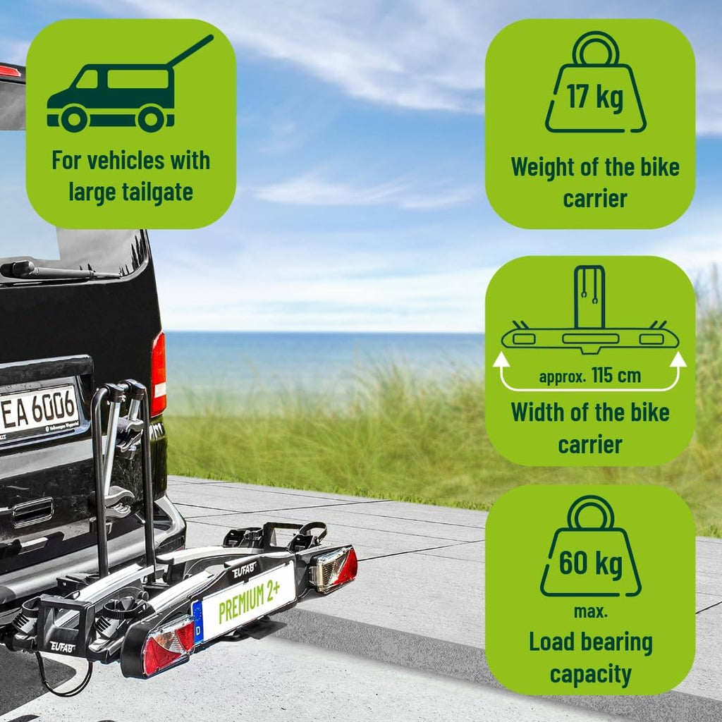 EUFAB 11523 Premium 2 Plus Fahrradträger, geeignet für E-Bikes, große Heckklappen, komplett vormontiert, Diebstahlschutz, für 2 Fahrräder, für Anhängerkupplung, schwarz/grau, B x H x T ca. 115 x