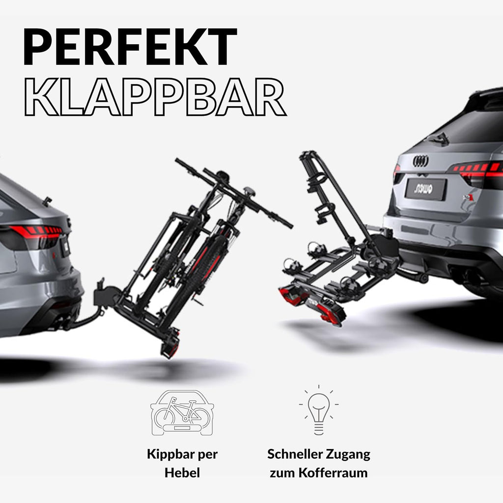Owen Fahrradträger Anhängerkupplung für 2 Fahrräder & E-Bikes (60 kg) – Abklappbar, Abschließbar, 13-polig, TÜV-geprüft – Einfache Montage (Schwarz)