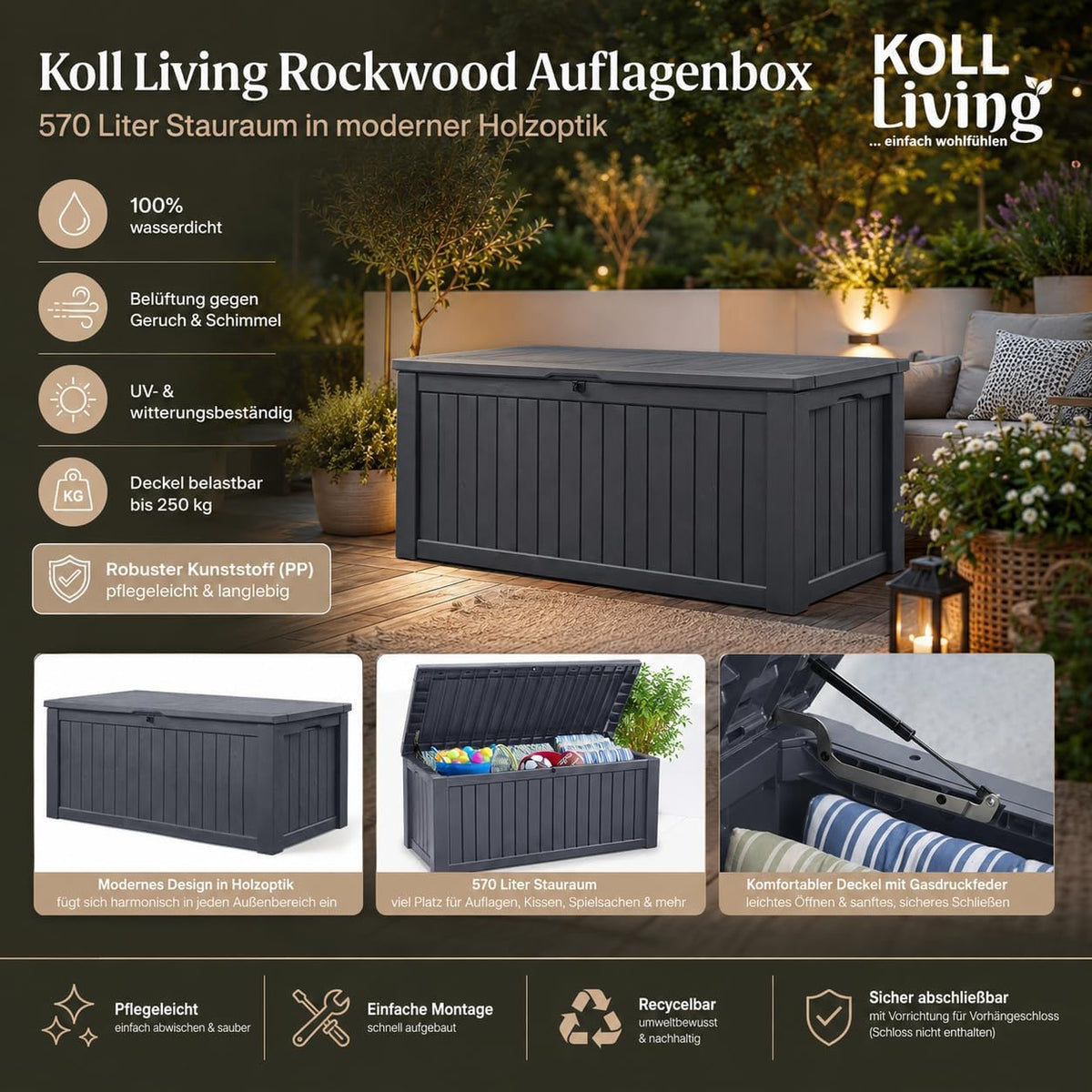 Koll Living Auflagenbox/Kissenbox 570 Liter l 100% Wasserdicht l mit Belüftung dadurch kein übler Geruch/Schimmel l Moderne Holzoptik l Deckel belastbar bis 250 KG (2 Personen) (Anthrazit)