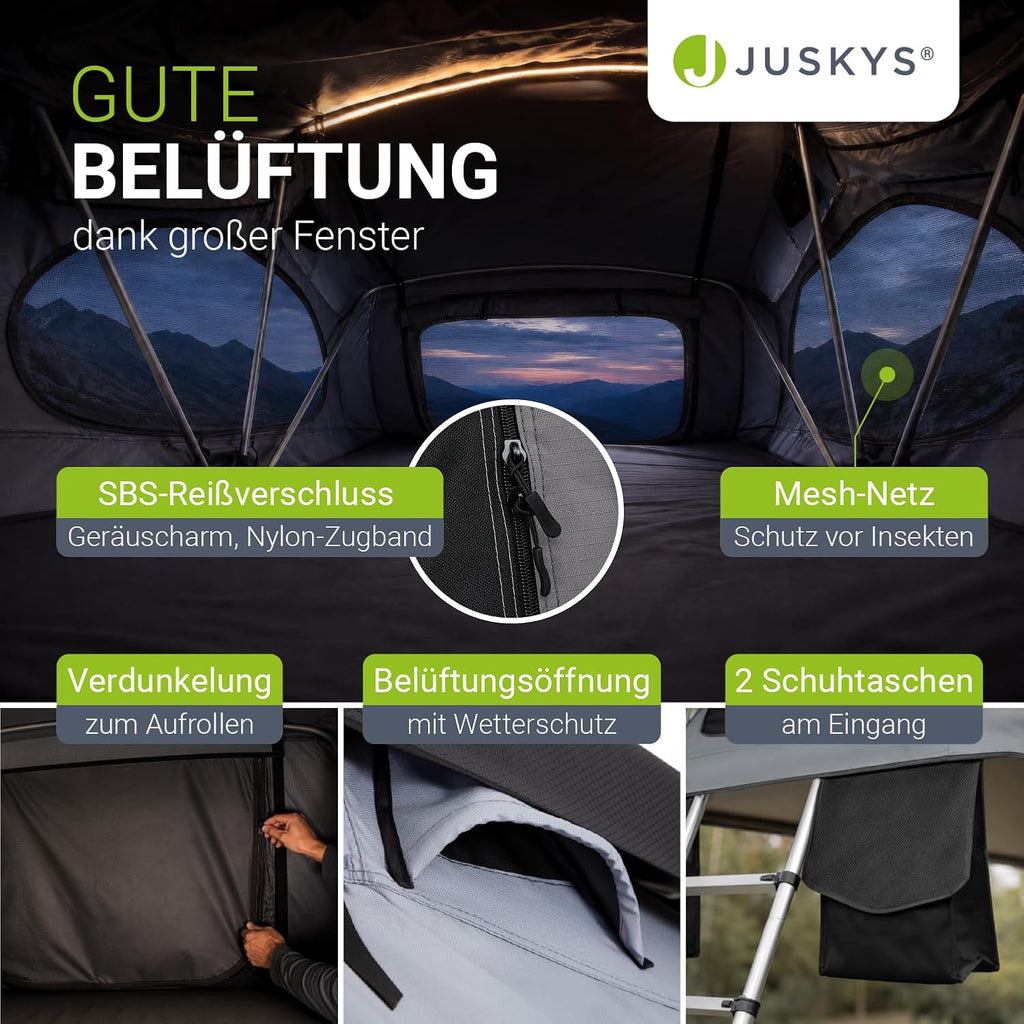 Juskys Lago Autodachzelt, robuste Konstruktion, wasserabweisend und UV-geschützt, Autodachzelt, Camping, LED-Beleuchtung
