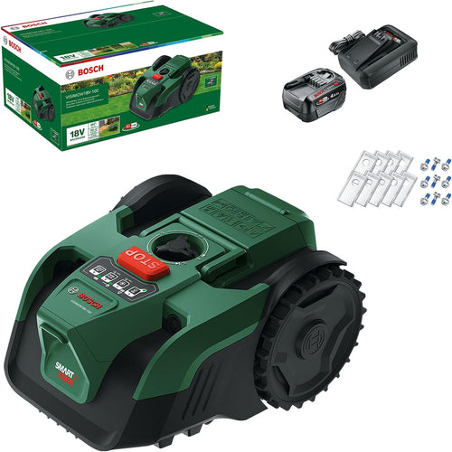 Bosch Akku-Mähroboter VISIMOW18V-100 (für Rasenflächen bis 100 m², Schnittbreite: 16 cm, Schnitthöhe: 20-60 mm, mit Ersatzmessern, inkl. Akku und Ladegerät)