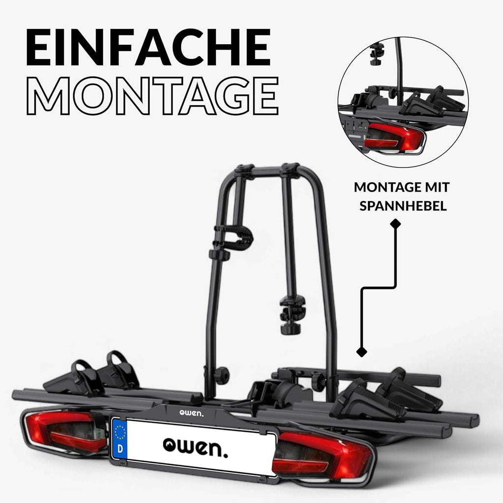 Owen Fahrradträger Anhängerkupplung für 2 Fahrräder & E-Bikes (60 kg) – Abklappbar, Abschließbar, 13-polig, TÜV-geprüft – Einfache Montage (Schwarz)