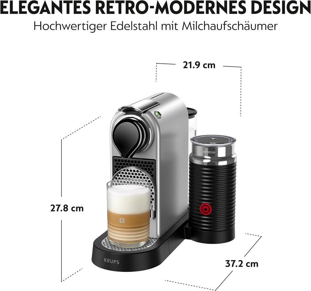 Nespresso Krups XN761B Citiz&Milk Kaffeekapselmaschine | automatischen Standby-Modus | 1260W | Wassertankkapazität: 1L | Pumpendruck: 19 Bar | silber