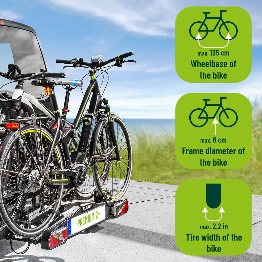 EUFAB 11523 Premium 2 Plus Fahrradträger, geeignet für E-Bikes, große Heckklappen, komplett vormontiert, Diebstahlschutz, für 2 Fahrräder, für Anhängerkupplung, schwarz/grau, B x H x T ca. 115 x