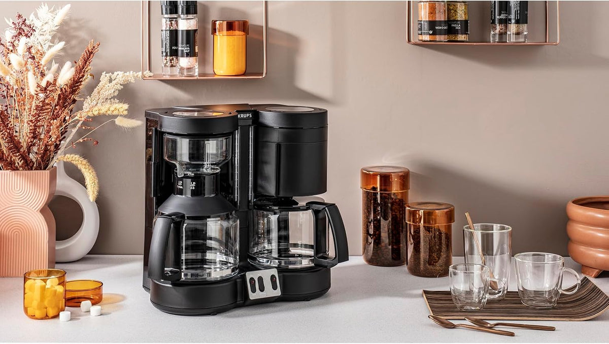 KRUPS Filterkaffeemaschine Duothek Plus, Kombiautomat, 2 unabhängige Brühsysteme, Kaffee und Tee, 2 x 10 Tassen, 2 Schwenkfilter mit Tropfverschluß, 2 separate Wasserstandsanzeigen, Schwarz, KM8508