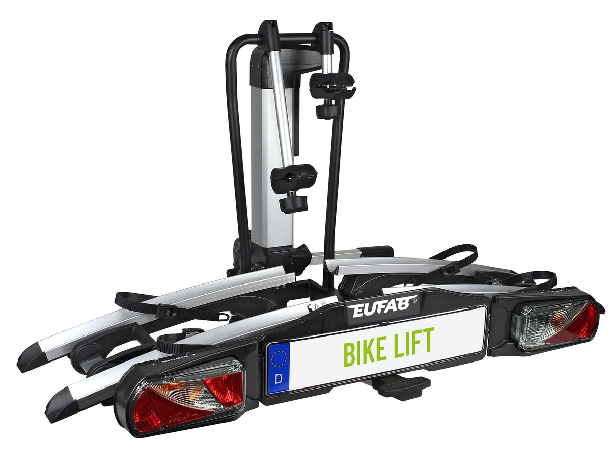EUFAB 11523 Premium 2 Plus Fahrradträger, geeignet für E-Bikes, große Heckklappen, komplett vormontiert, Diebstahlschutz, für 2 Fahrräder, für Anhängerkupplung, schwarz/grau, B x H x T ca. 115 x