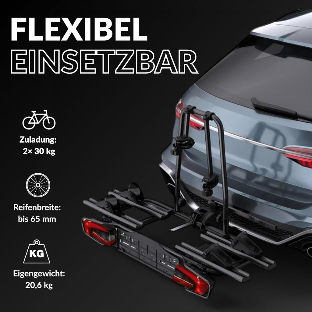 Owen Fahrradträger Anhängerkupplung für 2 Fahrräder & E-Bikes (60 kg) – Abklappbar, Abschließbar, 13-polig, TÜV-geprüft – Einfache Montage (Schwarz)