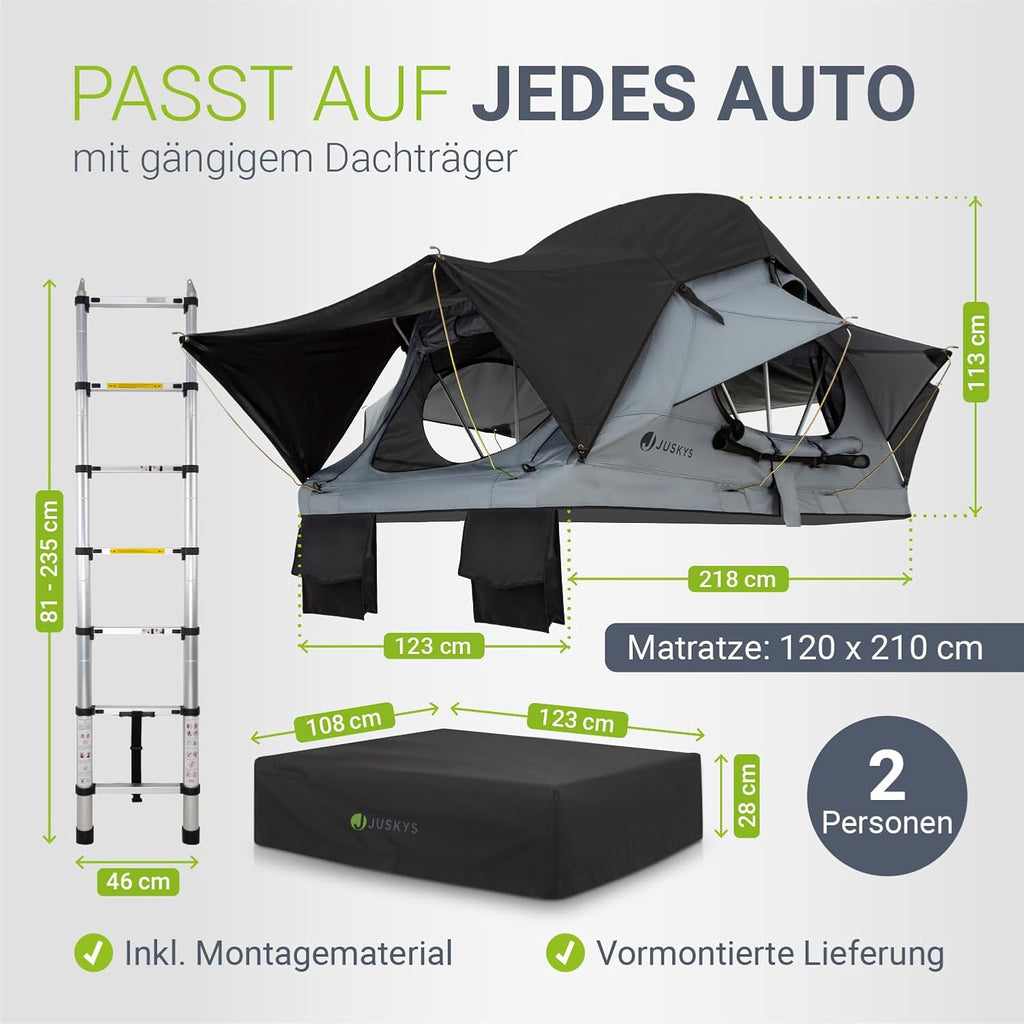 Juskys Lago Autodachzelt, robuste Konstruktion, wasserabweisend und UV-geschützt, Autodachzelt, Camping, LED-Beleuchtung