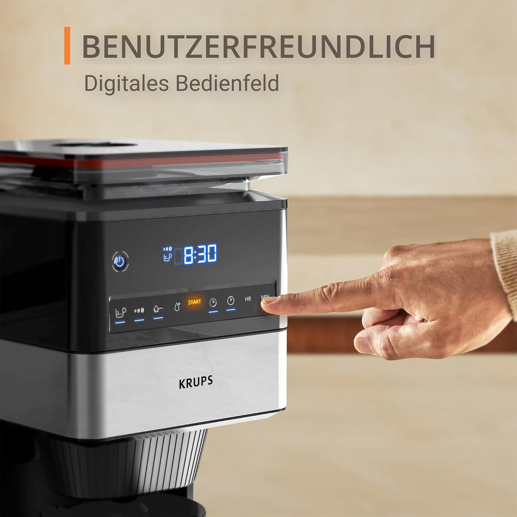 KRUPS Grind Aroma XL Filterkaffeemaschine, abnehmbares Kegelmahlwerk, digitales Bedienfeld, XL-Fassungsvermögen (1,25 L), Edelstahl-Thermoskanne, Schwarz/Edelstahl, KT842810