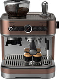 Philips Barista Brew Halbautomatische Espressomaschine - Einfacher & doppelter Espresso + Americano Taste, 250g Bohnenbehälter, Intuitive Führung, Kalibriertes Stampfen, Metall Silber (PSA3218/01)