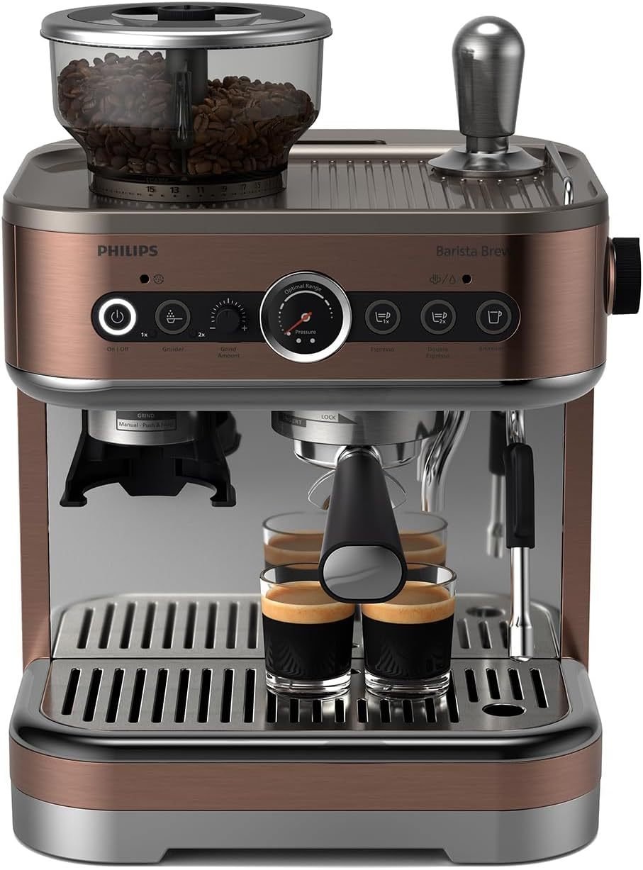 Philips Barista Brew Halbautomatische Espressomaschine - Einfacher & doppelter Espresso + Americano Taste, 250g Bohnenbehälter, Intuitive Führung, Kalibriertes Stampfen, Metall Silber (PSA3218/01)