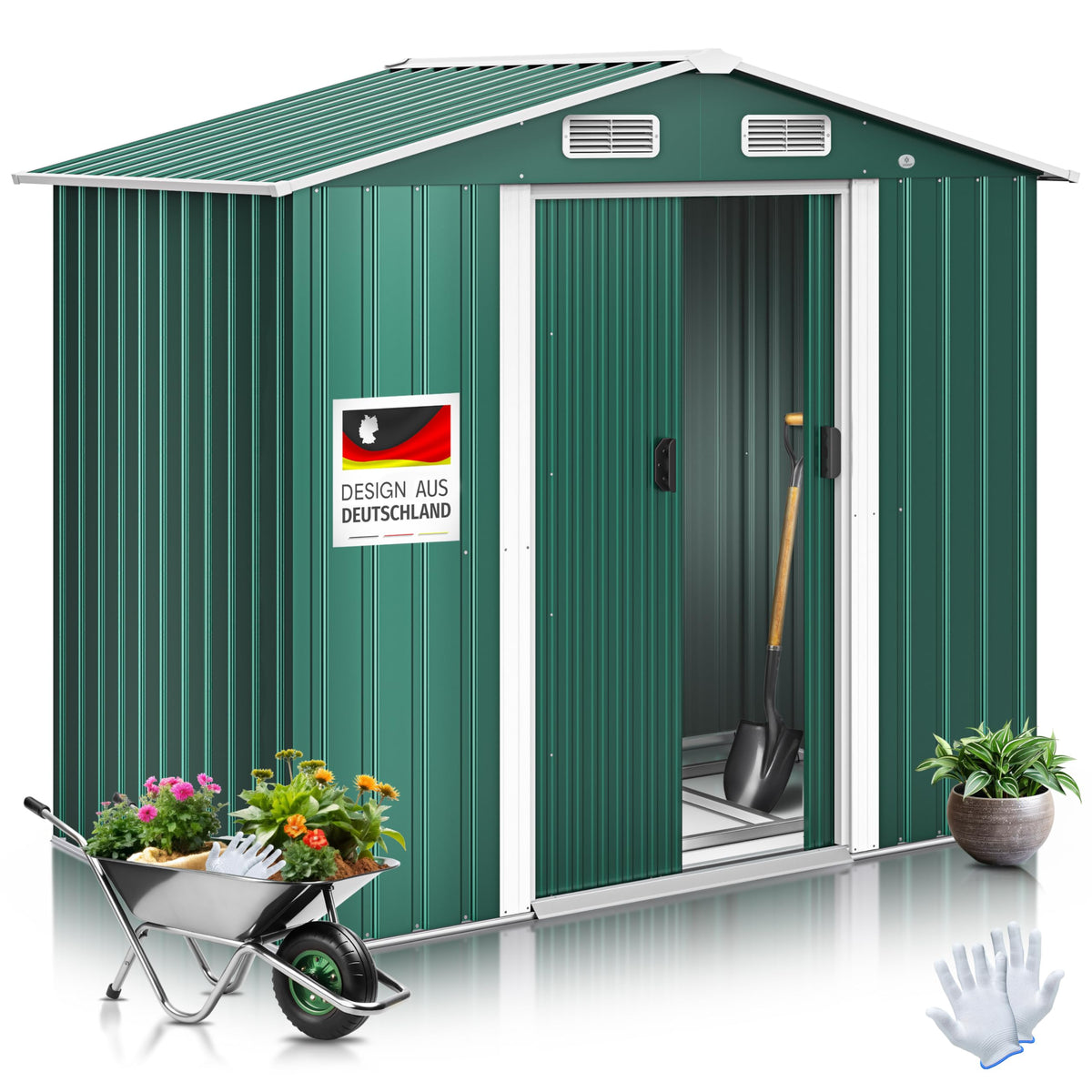 KESSER® XL Metall Gerätehaus 4,2m³ mit Fundament | Inkl. Arbeitshandschuhe | 195x131x186cm | 2X Schiebetür & Fundament | Geräteschuppen | Gartenhaus Schrank | Satteldachdach Garten Schuppen Anthrazit