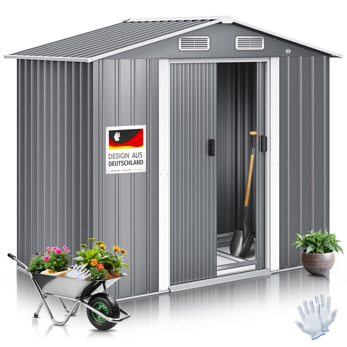 KESSER® XL Metall Gerätehaus 4,2m³ mit Fundament | Inkl. Arbeitshandschuhe | 195x131x186cm | 2X Schiebetür & Fundament | Geräteschuppen | Gartenhaus Schrank | Satteldachdach Garten Schuppen Anthrazit