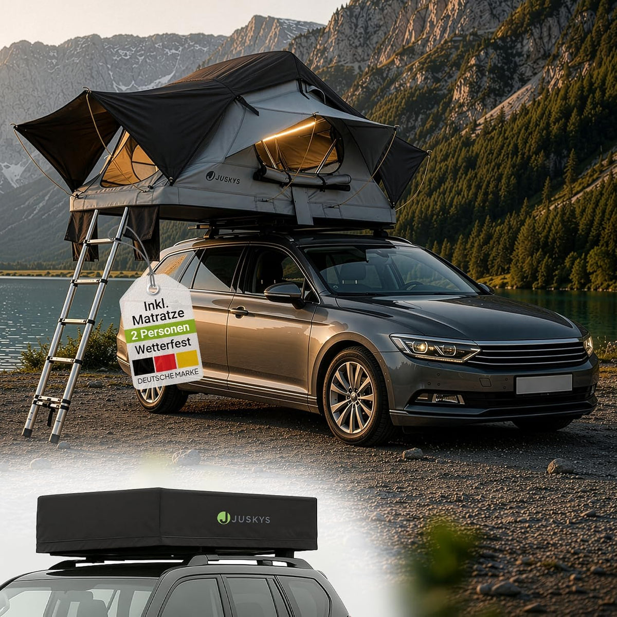 Juskys Lago Autodachzelt, robuste Konstruktion, wasserabweisend und UV-geschützt, Autodachzelt, Camping, LED-Beleuchtung
