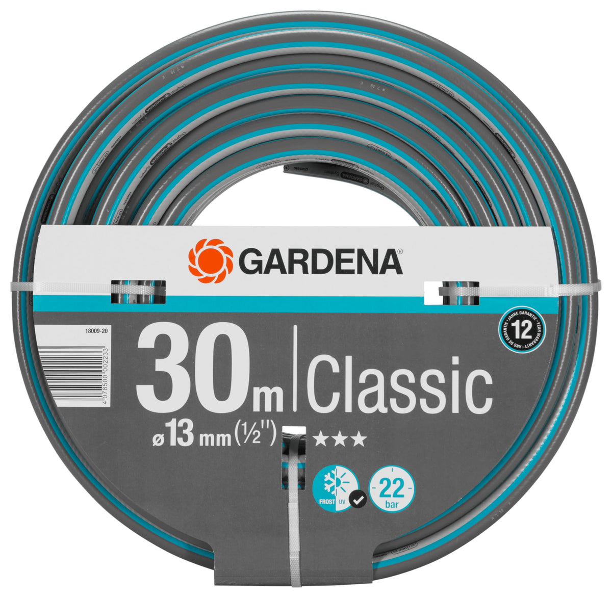 Gardena Classic Schlauch 13 mm (1/2 Zoll), 50 m ohne systemteile: Universeller Gartenschlauch aus robustem Kreuzgewebe, 22 bar Berstdruck, druck- und UV-beständig (18010-20), grau/blau