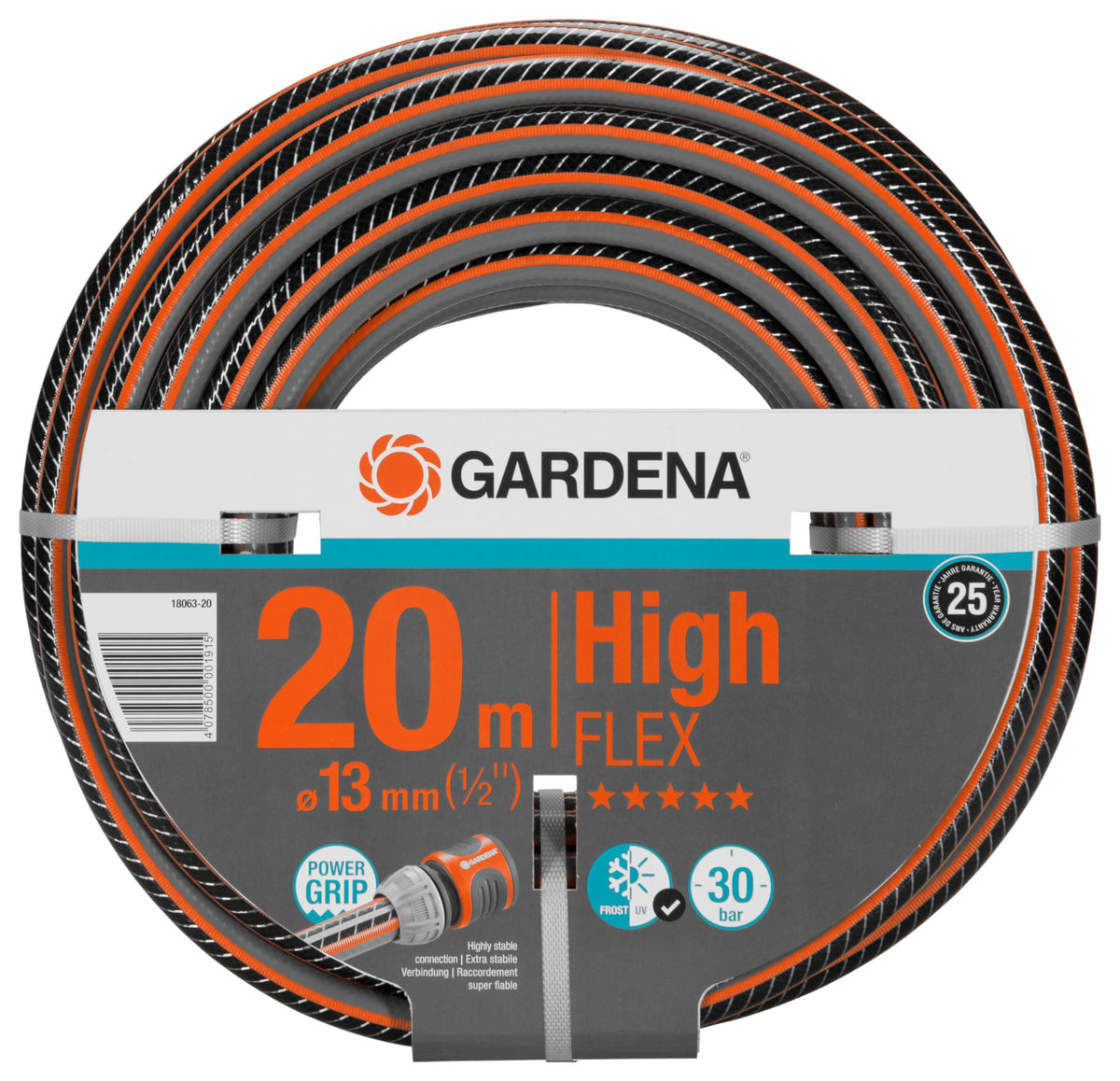 Gardena Comfort HighFLEX Schlauch 13 mm (1/2 Zoll), 30 m: Gartenschlauch mit Power-Grip-Profil, 30 bar Berstdruck, formstabil, UV-beständig (18066-20), grau, orange