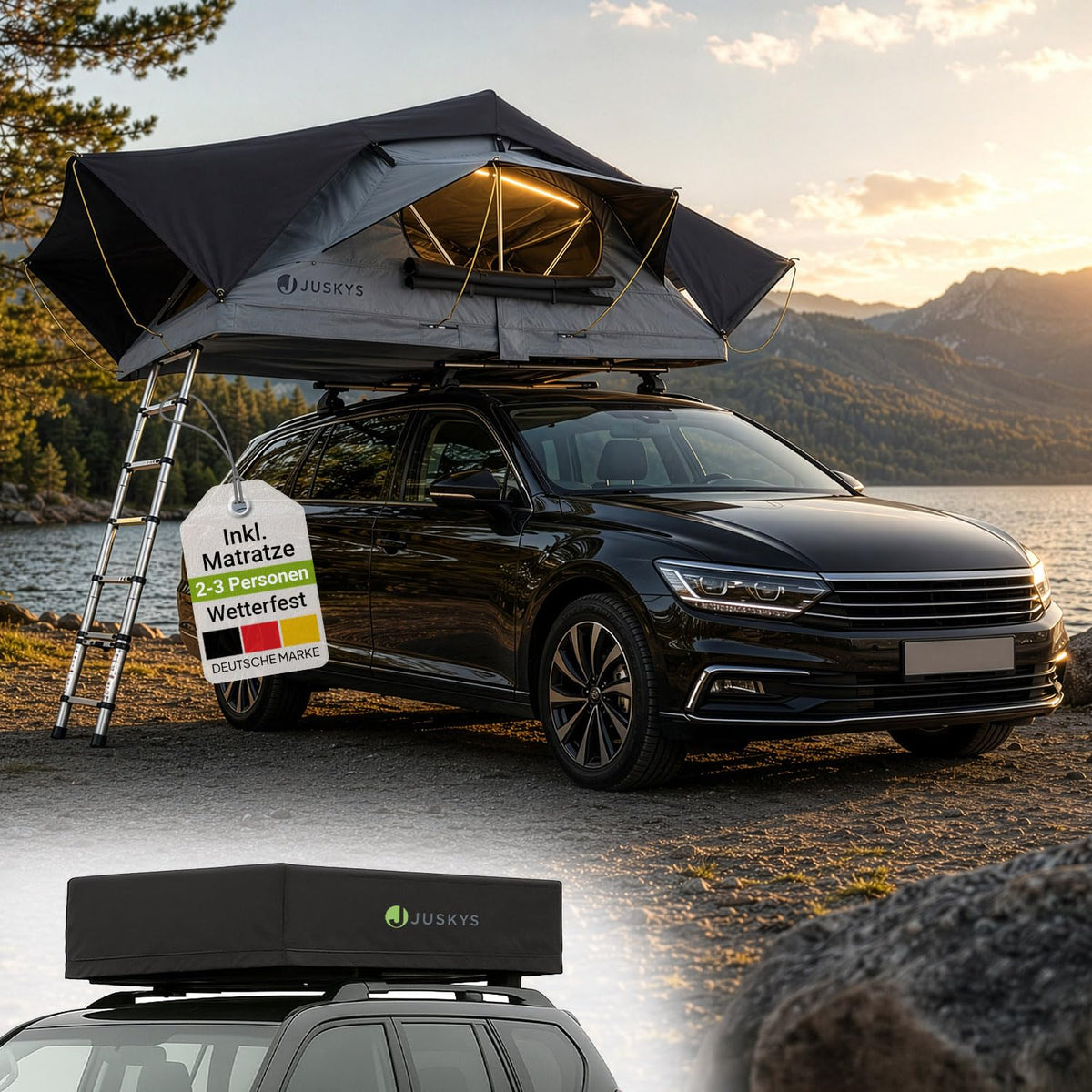 Juskys Lago Autodachzelt, robuste Konstruktion, wasserabweisend und UV-geschützt, Autodachzelt, Camping, LED-Beleuchtung