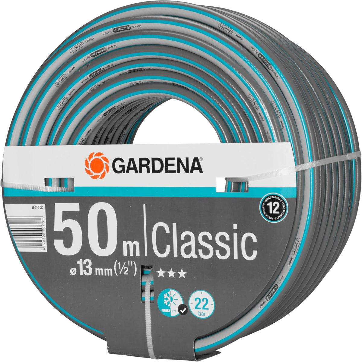 Gardena Classic Schlauch 13 mm (1/2 Zoll), 50 m ohne systemteile: Universeller Gartenschlauch aus robustem Kreuzgewebe, 22 bar Berstdruck, druck- und UV-beständig (18010-20), grau/blau