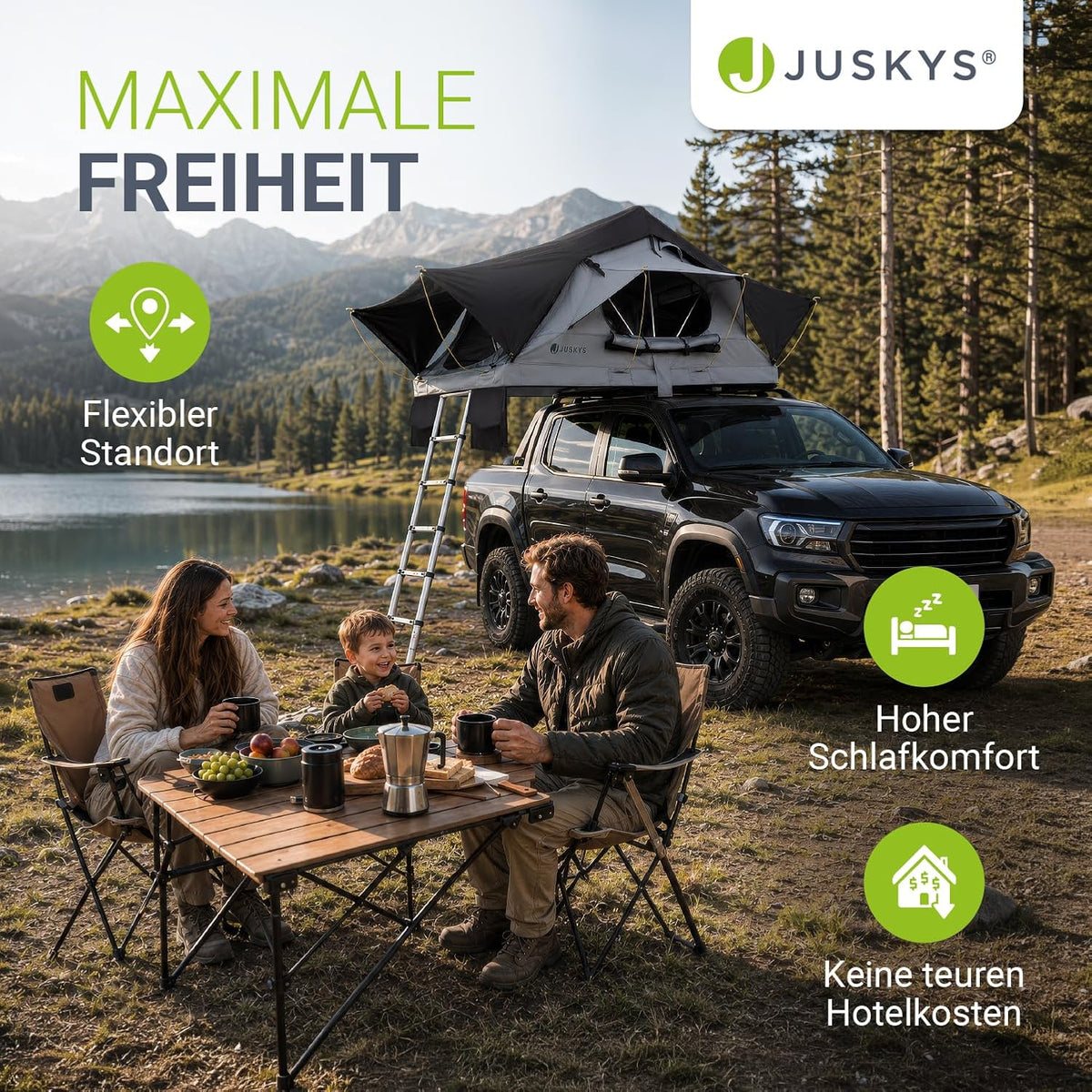 Juskys Lago Autodachzelt, robuste Konstruktion, wasserabweisend und UV-geschützt, Autodachzelt, Camping, LED-Beleuchtung